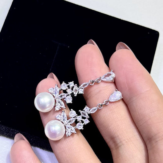 Sparkling Pearl Silver Earrings for Women | 8.5–9mm Pearls | 925 Sterling Silver Stud Earrings