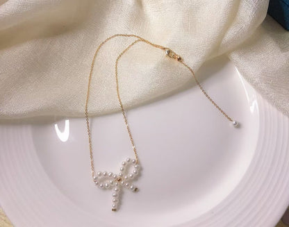 2-in-1 Bow Tie Pearl Necklace | Handmade Adjustable Chain for Pendant & Choker Wear | 3-4mm Pearls | 14K Gold Filled