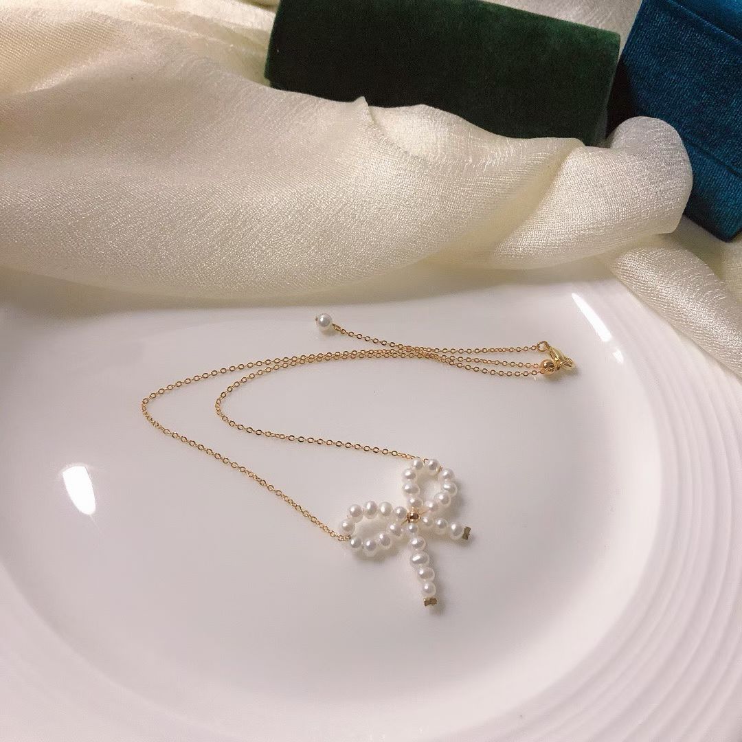 2-in-1 Bow Tie Pearl Necklace | Handmade Adjustable Chain for Pendant & Choker Wear | 3-4mm Pearls | 14K Gold Filled