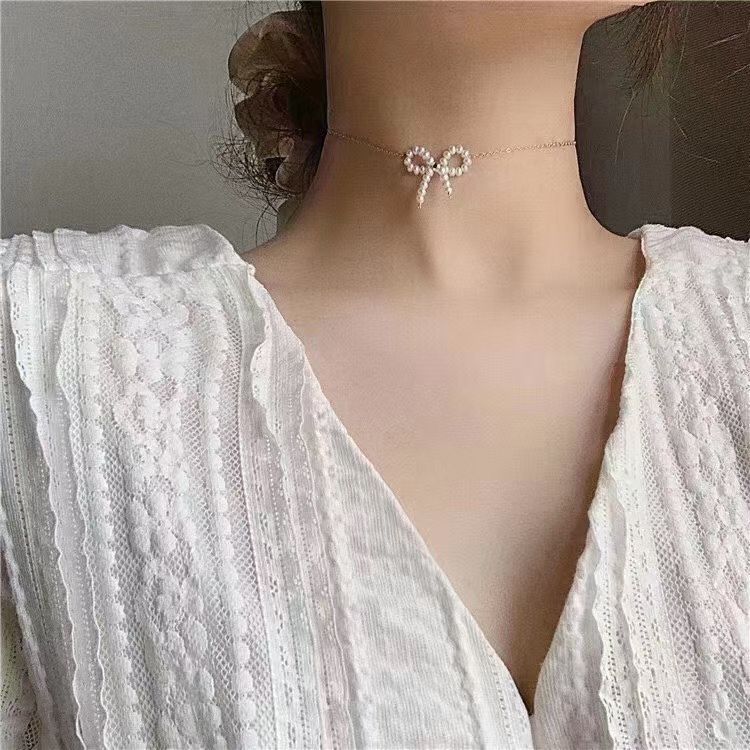 2-in-1 Bow Tie Pearl Necklace | Handmade Adjustable Chain for Pendant & Choker Wear | 3-4mm Pearls | 14K Gold Filled