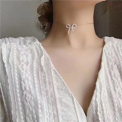 2-in-1 Bow Tie Pearl Necklace | Handmade Adjustable Chain for Pendant & Choker Wear | 3-4mm Pearls | 14K Gold Filled