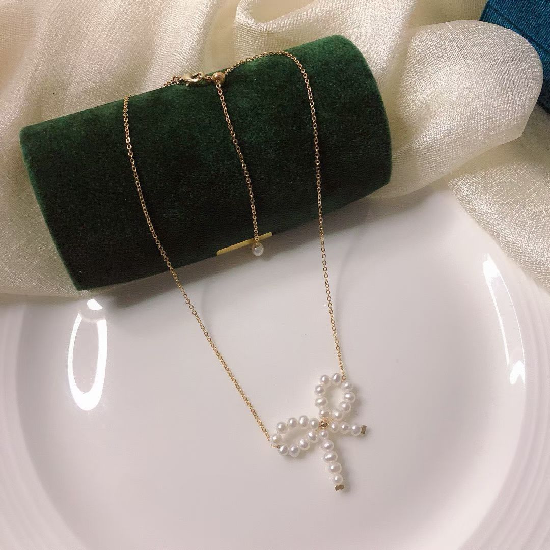 2-in-1 Bow Tie Pearl Necklace | Handmade Adjustable Chain for Pendant & Choker Wear | 3-4mm Pearls | 14K Gold Filled