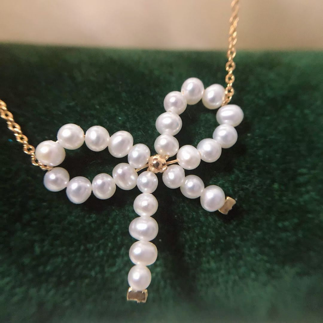 2-in-1 Bow Tie Pearl Necklace | Handmade Adjustable Chain for Pendant & Choker Wear | 3-4mm Pearls | 14K Gold Filled