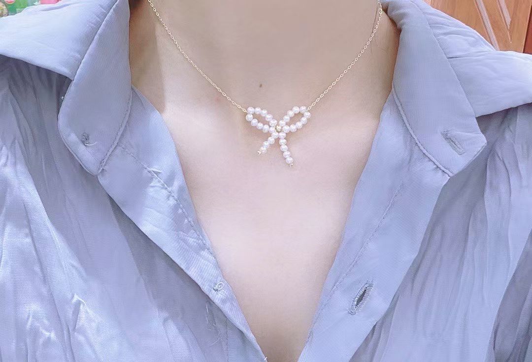 2-in-1 Bow Tie Pearl Necklace | Handmade Adjustable Chain for Pendant & Choker Wear | 3-4mm Pearls | 14K Gold Filled