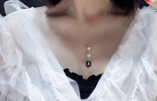 The Ocean Trilogie Pendant | Golden, White & Black Pearls on 18K Yellow/White Gold Chain | Elegant 3-Tone Pearl Necklace