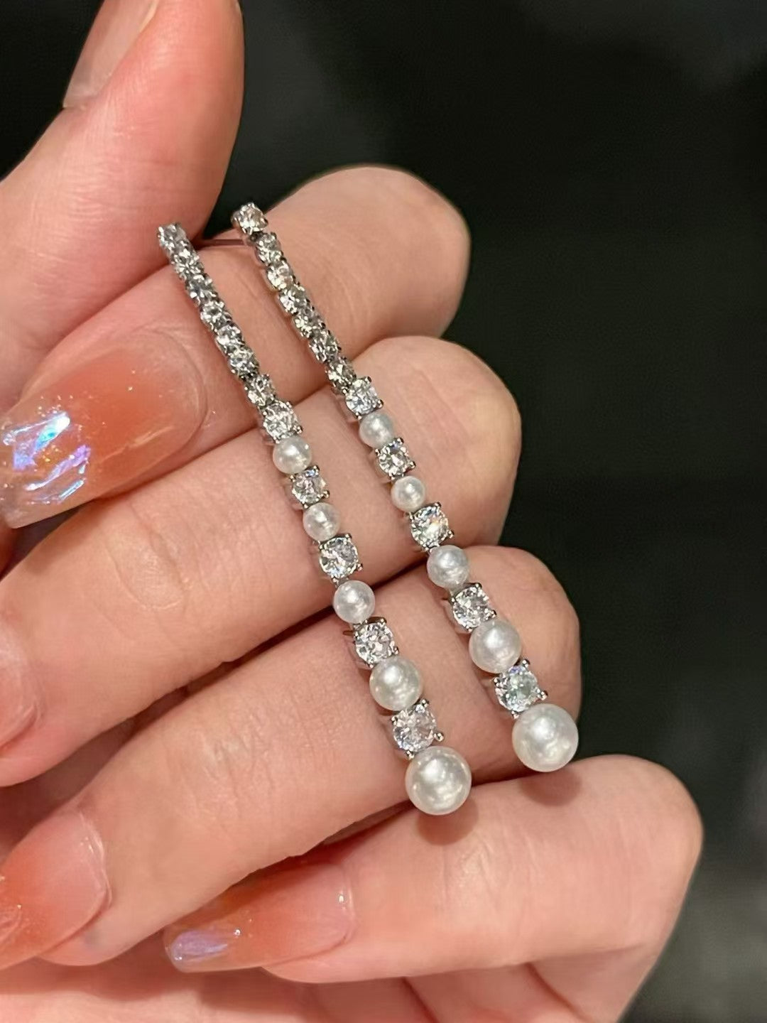 Sparkling Pearl Long Dangle Earrings | Timeless Elegant Style | 5-Pearl Version