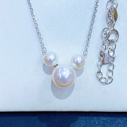 Cute Mouse Shaped Three-Pearl Pendant Necklace | 5-8mm Pearls | S925 Sterling Silver