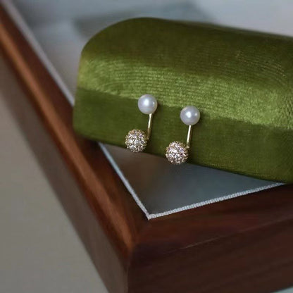 Pearl Crystal Ball Stud Earrings | 6.5–7mm Pearls | 14K Gold Filled Minimalist Classic Jewelry