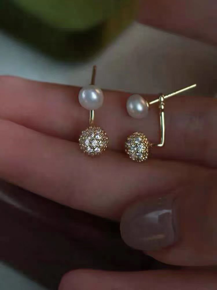 Pearl Crystal Ball Stud Earrings | 6.5–7mm Pearls | 14K Gold Filled Minimalist Classic Jewelry