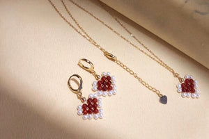 Handmade Red Agate and Pearl Earrings and Pendant Necklace Set