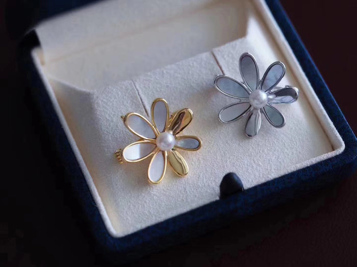 Mother of Pearl and Akoya Pearl Flower Brooch Pin