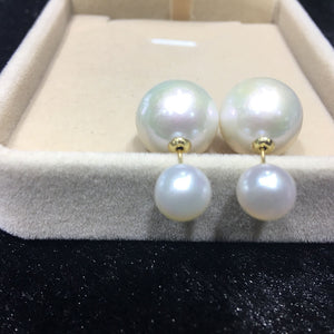 7-14mm Authentic Pearl Front-Back Double Sided Studs Earrings in 18K Gold