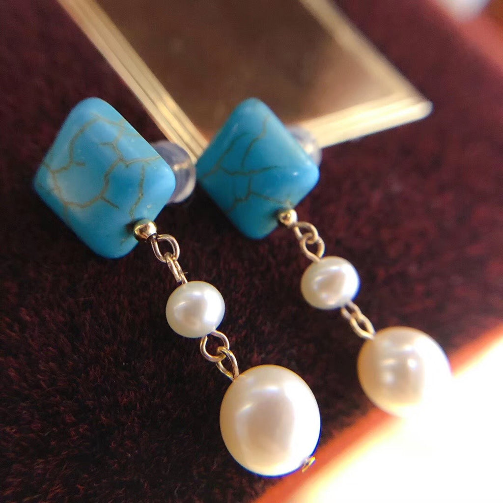 Turquoise Square 2-Pearl Studs Drop Earrings