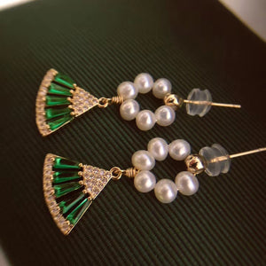 Handmade Green Fan & Hoop Pearl Earrings