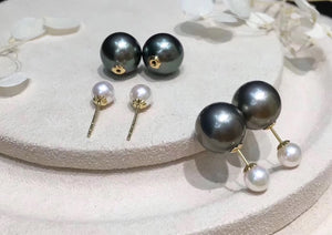 18K Gold Tahitian and Japanese Akoya Pearl Front-Back Double Sided Studs Earrings