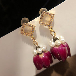 Pearl and Red Rose Earrings In 14K Gold Filled