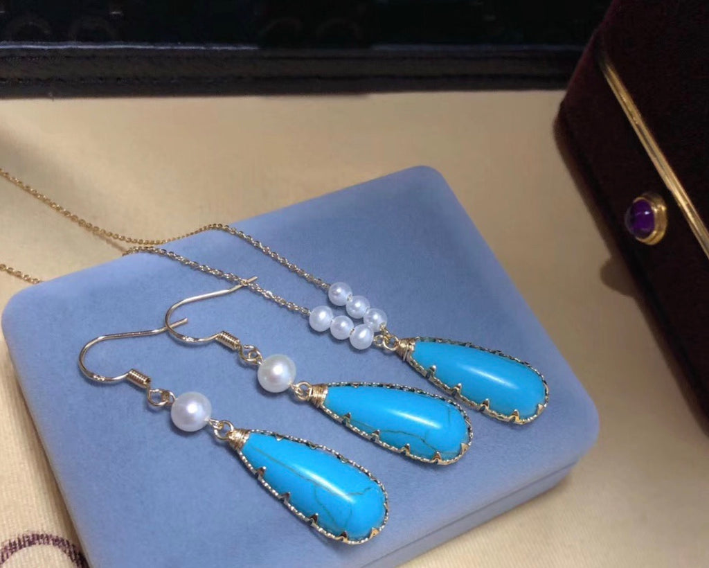 Teardrop Turquoise Hook Earrings and Necklace Set