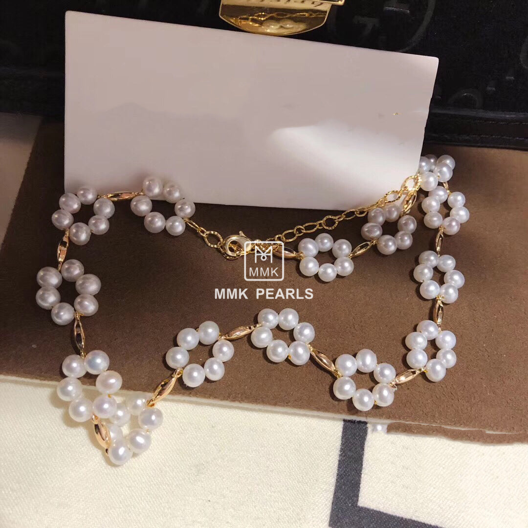 Plum Blossom White Pearl Earrings, Necklace, Bracelet Matching Set
