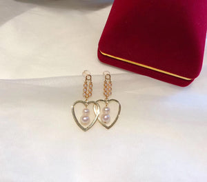 Double-Pearl Heart Shape Drop Earrings