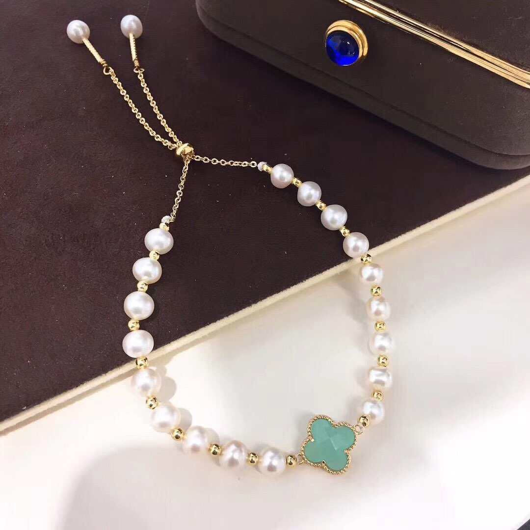 14K Gold Filled Crystal Clover And All Natural White Pearl Bracelet Adjustable In Size