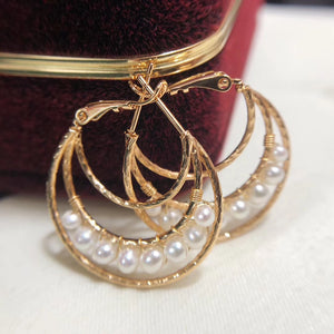 14K Gold Filled Twist Triple Hoop Pearl Earrings