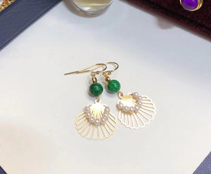 Peacock Opening Pearl And Green Agate Earrings
