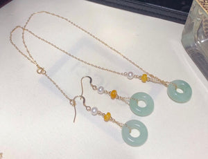 Lucky Jade and Pearl Pendant and Earrings Set