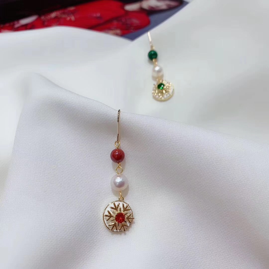 Christmas Snowflake Malachite and Pearl Statement Earrings