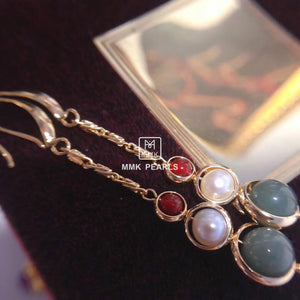 Green and Red Agate Pearl Earrings 14K Gold Filled