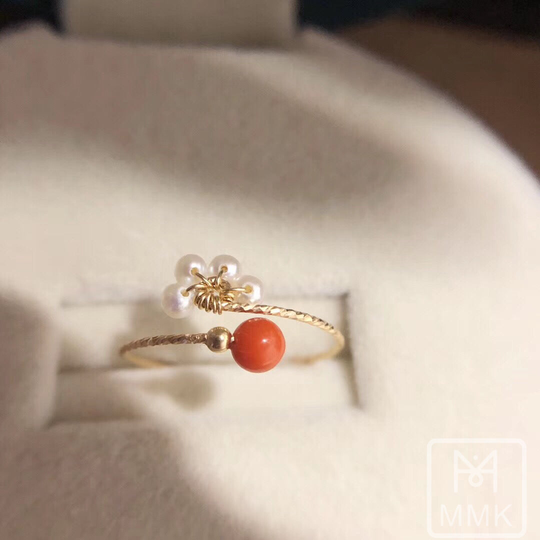Italian Red Coral and All Natural Pearl Ring in 14K Gold Filled