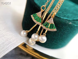 Handmade Green Fan Long Pearl Earrings