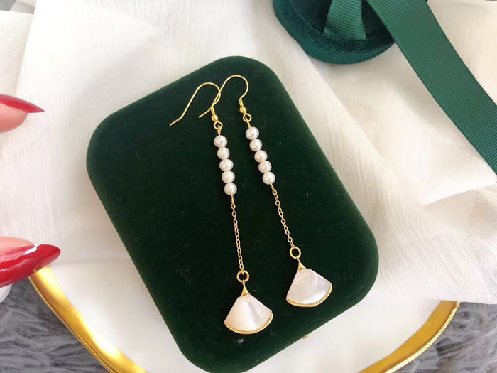 Mother-Of-Pearl Fan and 5-Pearl Long Statement Earrings