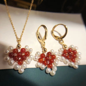 Handmade Red Agate and Pearl Earrings and Pendant Necklace Set