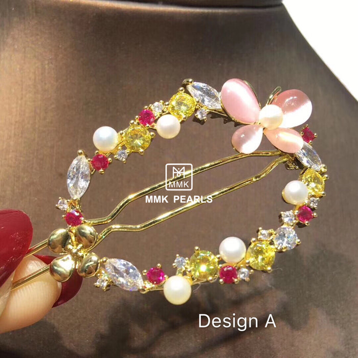 Handmade Crystal & Authentic Pearl Hair Pin Barrette Flower Design