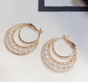 14K Gold Filled Twist Triple Hoop Pearl Earrings