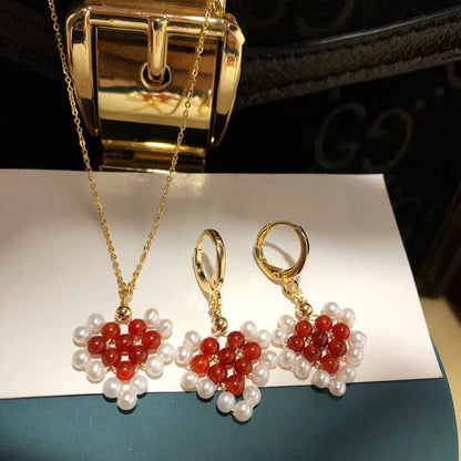 Handcrafted Red Agate & Pearl Earrings and Necklace Set