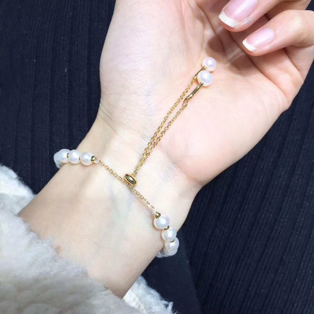14K Gold Filled Crystal Clover And All Natural White Pearl Bracelet Adjustable In Size