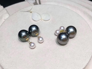 18K Gold Tahitian and Japanese Akoya Pearl Front-Back Double Sided Studs Earrings