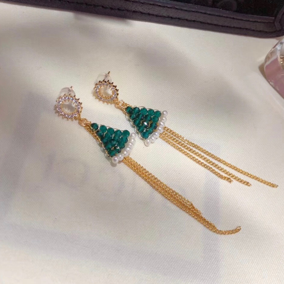 Green Crystal Christmas Tree Pearl Drop Earrings