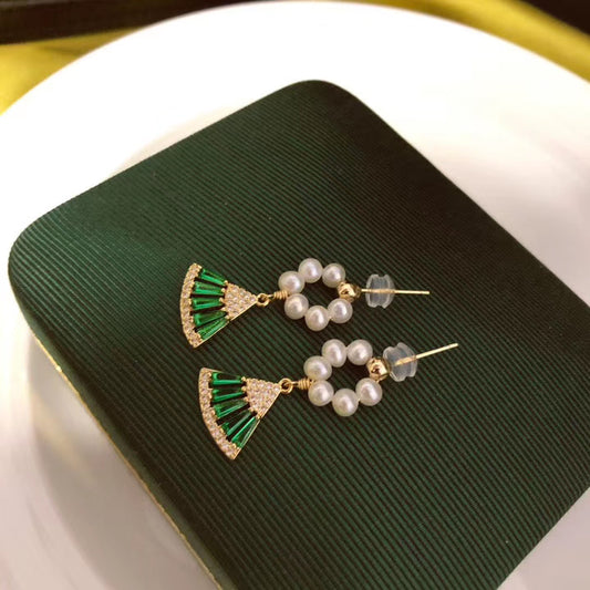 Handmade Green Fan & Hoop Pearl Earrings