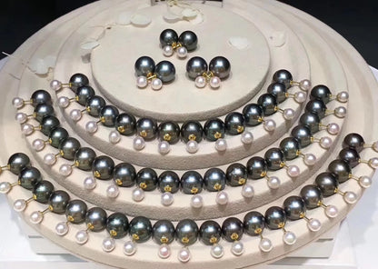 18K Gold Tahitian and Japanese Akoya Pearl Front-Back Double Sided Studs Earrings