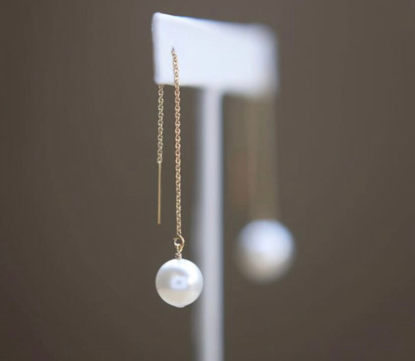 18K Gold Spendid Akoya Pearl Chain Drop Threader Earrings