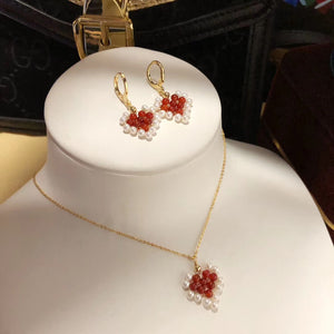 Handmade Red Agate and Pearl Earrings and Pendant Necklace Set