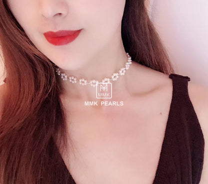 Plum Blossom White Pearl Choker Necklace Earrings Bracelet Matching Set