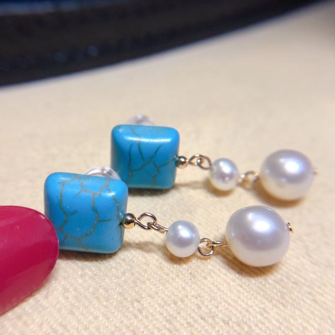 Turquoise Square 2-Pearl Studs Drop Earrings