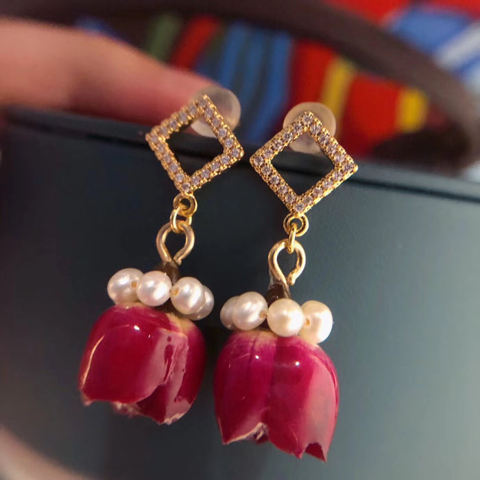 Pearl and Red Rose Earrings In 14K Gold Filled