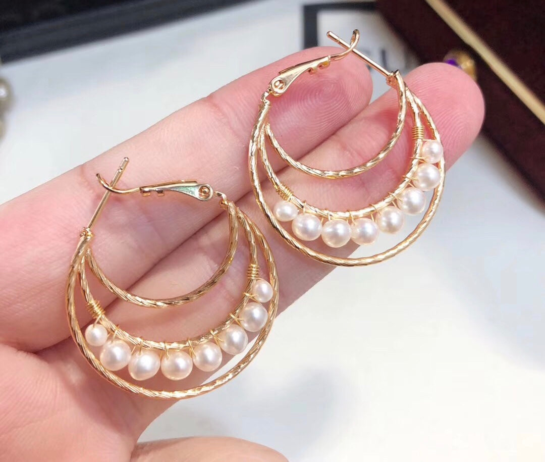 14K Gold Filled Twist Triple Hoop Pearl Earrings