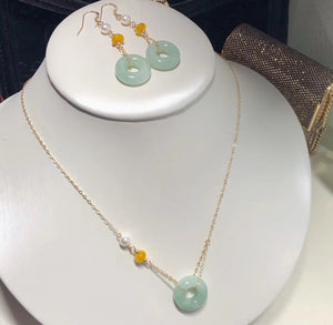 Lucky Jade and Pearl Pendant and Earrings Set