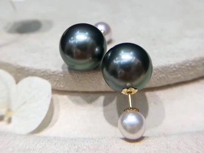 18K Gold Tahitian and Japanese Akoya Pearl Front-Back Double Sided Studs Earrings