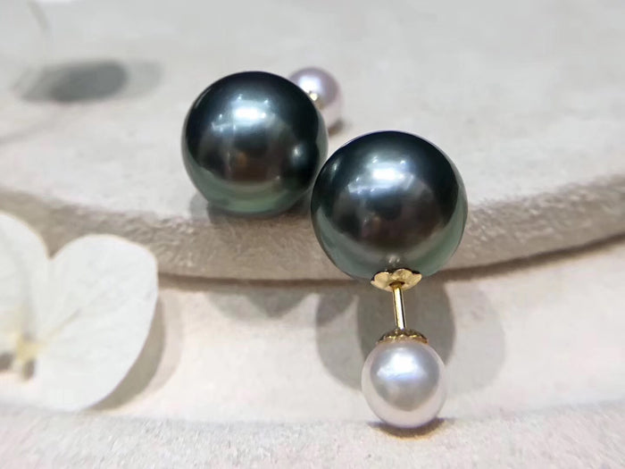 18K Gold Tahitian and Japanese Akoya Pearl Front-Back Double Sided Studs Earrings